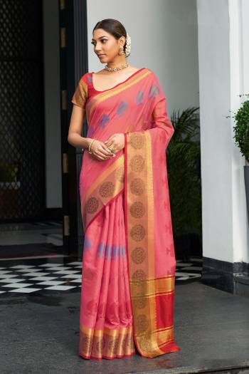 Look This Partywear Traditional Saree Are Fine Saree Paired With Blouse.This Saree And Blouse Are Handloom Cotton Based Fabric With Heavy Wevon Designer Work. Buy This Pretty Saree Now.