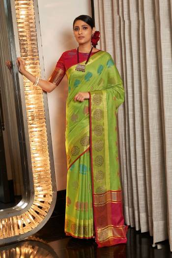 Look This Partywear Traditional Saree Are Fine Saree Paired With Blouse.This Saree And Blouse Are Handloom Cotton Based Fabric With Heavy Wevon Designer Work. Buy This Pretty Saree Now.