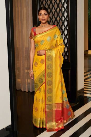 Look This Partywear Traditional Saree Are Fine Saree Paired With Blouse.This Saree And Blouse Are Handloom Cotton Based Fabric With Heavy Wevon Designer Work. Buy This Pretty Saree Now.