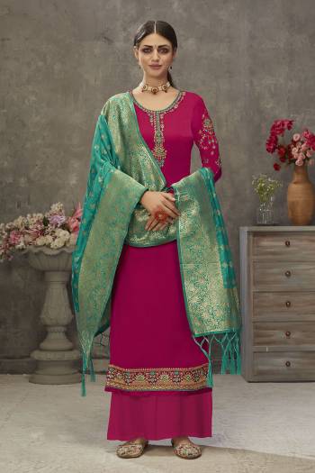 Stylist This Designer Long Length Suit In Lovely Light Color.Its Pretty Heavy Designer Embroidery With Hand Work Top Is Japan Satin Based Paired With Santoon Bottom And Banarasi Jacquard Wevon Fabricated Dupatta Which Gives An Attractive To The Suit.