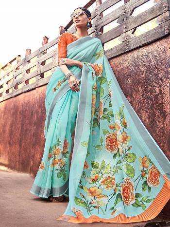 Garb This Heavy Designer Printed Saree In Fine Color Paired With Blouse. This Saree And Blouse Is Cotton Silk Fabricated. Its Pretty Color Pallete Will Give An Attractive Look To Your Personality. 