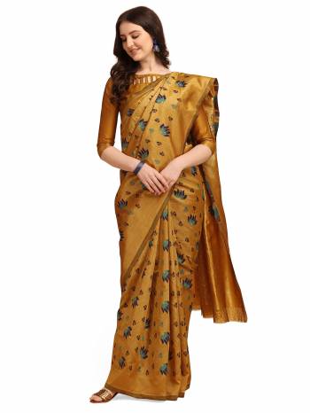 Stylist This Partywear Designer Saree Are Fine Saree Paired With Blouse.This Saree And Blouse Are Banarasi Cotton Based Fabric With Designer Weaving With Printed. Buy This Pretty Saree Now.