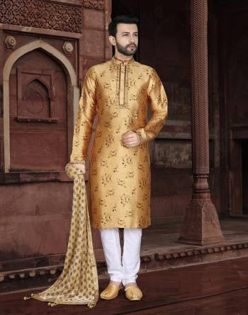 Good Look This Festival Partywear Men's Wear Kurta Pajama Set.This Set Are Kurta Is Jacquard And Pajama Are Cotton Fabriced With Wevon Designer With Embroidery Work.