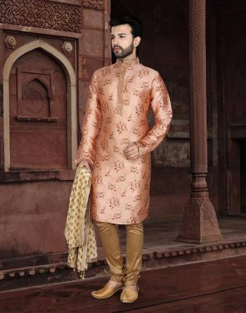 Good Look This Festival Partywear Men's Wear Kurta Pajama Set.This Set Are Kurta Is Jacquard And Pajama Are Cotton Fabriced With Wevon Designer With Embroidery Work.