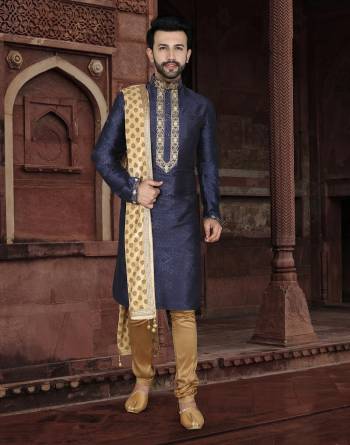 Good Look This Festival Partywear Men's Wear Kurta Pajama Set.This Set Are Kurta Is Jacquard And Pajama Are Cotton Fabriced With Wevon Designer With Embroidery Work.