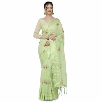 Garb This Partywear Saree Are Light Saree Paired With Blouse.This Saree And Blouse Are Cotton Based Fabric With Designer Wevon Border With Embroidery Work. Buy This Pretty Saree Now.