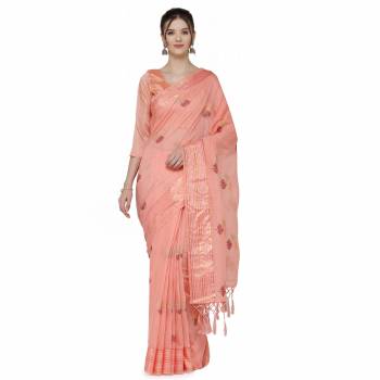 Garb This Partywear Saree Are Light Saree Paired With Blouse.This Saree And Blouse Are Cotton Based Fabric With Designer Wevon Border With Embroidery Work. Buy This Pretty Saree Now.