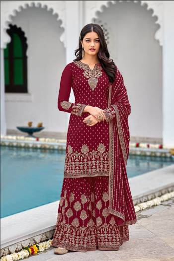 Attrective This Designer Pakistani Sharara Suit In Lovely Color.Its Pretty Heavy Designer Sequance Embroidery Work Top Is Faux Georgette Based Paired With Faux Georgette Bottom And Faux Georgette Fabricated Dupatta Which Gives An Attractive To The Suit.