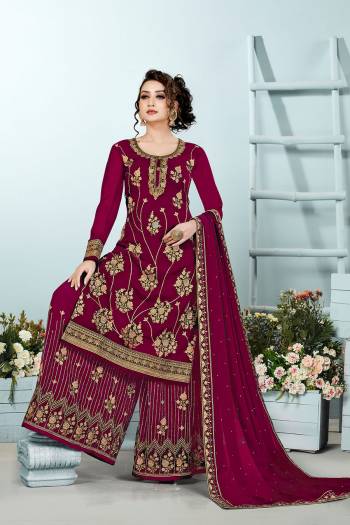 Fine Looking This Designer Long Length Plazzo Suit In Lovely Color.Its Pretty Designer Embroidery Wirh Hand Work Top Is Georgette Based Paired With Georgette Bottom And Georgette Fabricated Dupatta Which Gives An Attractive To The Suit.