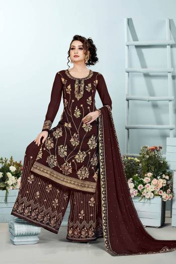 Fine Looking This Designer Long Length Plazzo Suit In Lovely Color.Its Pretty Designer Embroidery Wirh Hand Work Top Is Georgette Based Paired With Georgette Bottom And Georgette Fabricated Dupatta Which Gives An Attractive To The Suit.