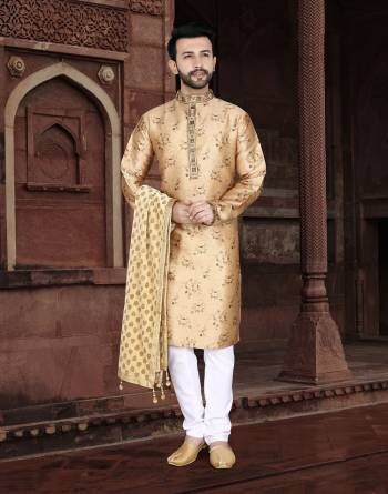 Attrective This Partywear Men's Wear Kurta Pajama Set.This Set Are Kurta Is Jacquard And Pajama Are Cotton Fabriced With Wevon Designer With Embroidery Work.Buy Now.