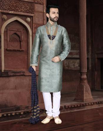 Attrective This Partywear Men's Wear Kurta Pajama Set.This Set Are Kurta Is Jacquard And Pajama Are Cotton Fabriced With Wevon Designer With Embroidery Work.Buy Now.