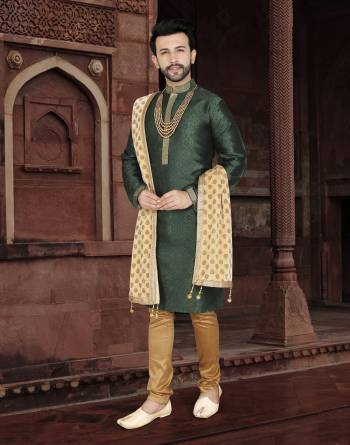 Attrective This Partywear Men's Wear Kurta Pajama Set.This Set Are Kurta Is Jacquard And Pajama Are Cotton Fabriced With Wevon Designer With Embroidery Work.Buy Now.