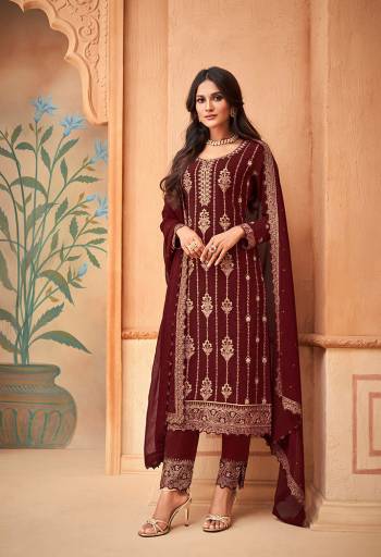 Garb This Designer Long Suit In Lovely Color.Its Pretty Heavy Designer Embroidery Work Top Is Faux Georgette Based Paired With Santoon Bottom And Faux Georgette Fabricated Dupatta Which Gives An Attractive To The Suit.