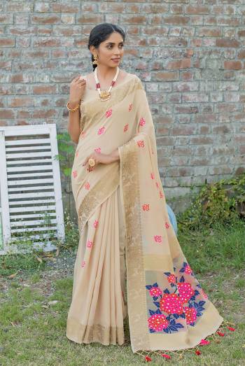 Classic Designer Partywear Saree Are Fine Saree Paired With Blouse.This Saree And Blouse Are Linen Based Fabric With Heavy Wevon Meenakari Colourful Tassels Designer. Buy This Pretty Saree Now.