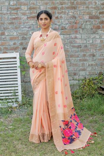 Classic Designer Partywear Saree Are Fine Saree Paired With Blouse.This Saree And Blouse Are Linen Based Fabric With Heavy Wevon Meenakari Colourful Tassels Designer. Buy This Pretty Saree Now.