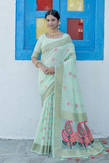 Stylist This Designer Partywear Saree Are Fine Saree Paired With Blouse.This Saree And Blouse Are Linen Based Fabric With Heavy Wevon Meenakari Colourful Tassels Designer. Buy This Pretty Saree Now.