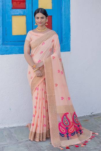 Stylist This Designer Partywear Saree Are Fine Saree Paired With Blouse.This Saree And Blouse Are Linen Based Fabric With Heavy Wevon Meenakari Colourful Tassels Designer. Buy This Pretty Saree Now.