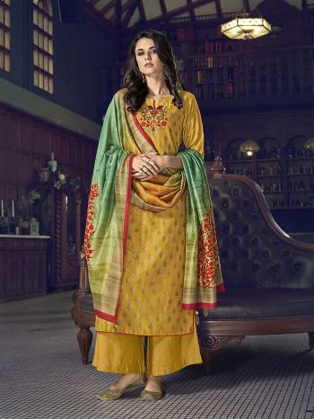 Attrective This Designer Long Length Suit In Lovely Color.Its Pretty Heavy Designer Embroidery Work Top Is Tusser Silk Based Paired With Silk Bottom And Blue Cherry Fabricated Dupatta Which Gives An Attractive To The Suit.