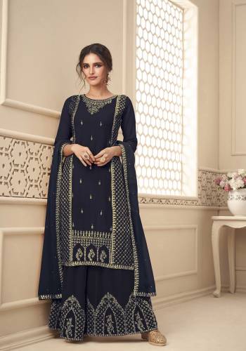 Attrective This Designer Long Length Suit In Lovely Color.Its Pretty Heavy Designer Embroidery,Swarovski Work Top Is Georgette Based Paired With Santoon Bottom And Georgette Fabricated Dupatta Which Gives An Attractive To The Suit.