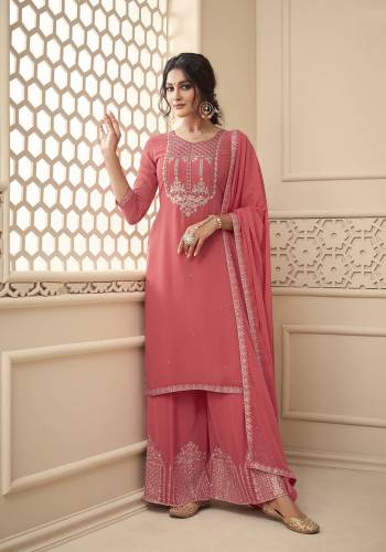 Attrective This Designer Long Length Suit In Lovely Color.Its Pretty Heavy Designer Embroidery,Swarovski Work Top Is Georgette Based Paired With Santoon Bottom And Georgette Fabricated Dupatta Which Gives An Attractive To The Suit.