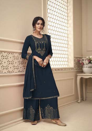 Attrective This Designer Long Length Suit In Lovely Color.Its Pretty Heavy Designer Embroidery,Swarovski Work Top Is Georgette Based Paired With Santoon Bottom And Georgette Fabricated Dupatta Which Gives An Attractive To The Suit.