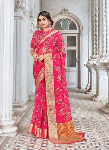 Looking This Traditional Saree Are Fine Saree Paired With Blouse.This Saree And Blouse Are Organza Based Fabric With Wevon Border Pallu With Digital Printed. Buy This Pretty Saree Now.