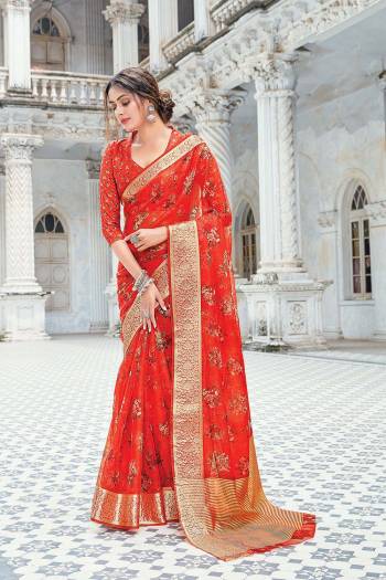 Looking This Traditional Saree Are Fine Saree Paired With Blouse.This Saree And Blouse Are Organza Based Fabric With Wevon Border Pallu With Digital Printed. Buy This Pretty Saree Now.