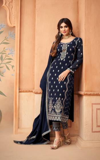 Attrective This Designer Long Suit In Lovely Color.Its Pretty Heavy Designer Embroidery Work Top Is Faux Georgette Based Paired With Santoon Bottom And Faux Georgette Fabricated Dupatta Which Gives An Attractive To The Suit.