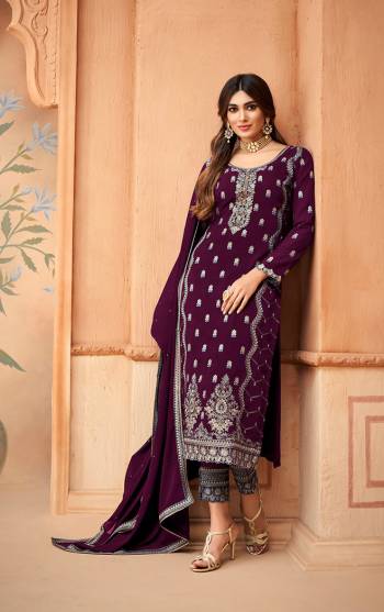 Attrective This Designer Long Suit In Lovely Color.Its Pretty Heavy Designer Embroidery Work Top Is Faux Georgette Based Paired With Santoon Bottom And Faux Georgette Fabricated Dupatta Which Gives An Attractive To The Suit.