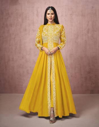 Attrective This Designer Long Length Free Size Stitched Suit In Lovely Color.Its Pretty Heavy Designer Thread Embroidery Work Top Is Georgette Based Paired With Santoon Bottom And Georgette Fabricated Dupatta Which Gives An Attractive To The Suit.