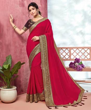  This Designer Partywear Saree Are Fine Saree Paired With Blouse.This Saree Are Vichitra Silk And Blouse Dupion Based Fabric With Heavy Designer Embroidery And Lace Wevon Work. Buy This Pretty Saree Now.