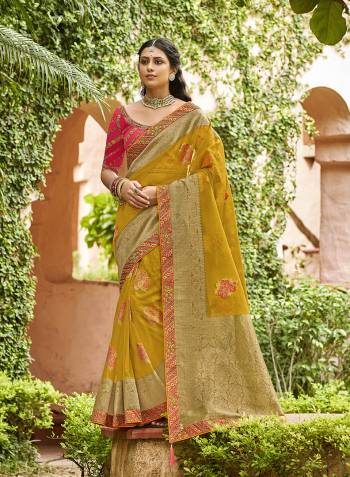 Looking This Stylist Partywear Saree Are Fine Saree Paired With Blouse.This Saree And Blouse Are Organza Tissue Fabric With Heavy Designer Weaving With Embroidery Border,Blouse Work. Buy This Pretty Saree Now.