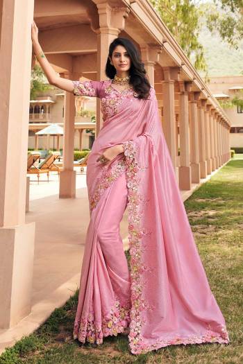 Attrective This Designer Partywear Saree Are Fine Saree Paired With Blouse.This Saree Are Art Silk And Blouse Rose Silk Based Fabric With Heavy Designer Embroidery Work. Buy This Pretty Saree Now.