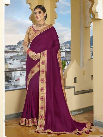 Looking This Designer Partywear Saree Are Fine Saree Paired With Blouse.This Saree Are Vichitra Silk And Blouse Phantom Silk Based Fabric With Heavy Designer Embroidery,Swarovski Work Work. Buy This Pretty Saree Now.