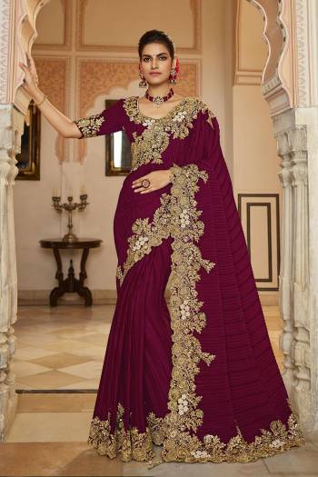 Garb This Stylist Partywear Saree Are Fine Saree Paired With Blouse.This Saree Are Georgette With Crush And Blouse Are Georgette Fabric With Heavy Designer Embroidery Work With Beads. Buy This Pretty Saree Now.