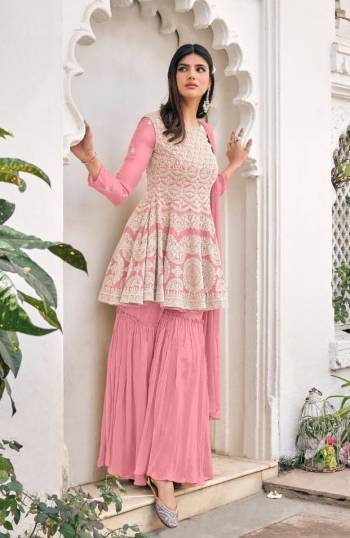 Attrective This Designer Sharara Suit In Lovely Color.Its Pretty Heavy Designer Embroidery Work Top Is Viscose Georgette Based Paired With Viscose Georgette Bottom And Soft Net Fabricated Dupatta Which Gives An Attractive To The Suit.