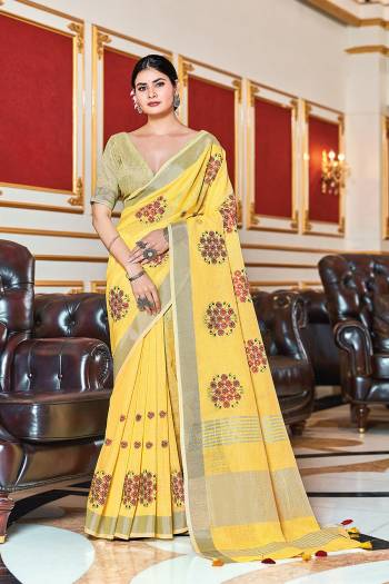 Attrective This Partywear Saree Paired With Blouse.This Saree And Blouse Are Linen Based Fabric With Wevon Designer With Mirror Embroidry Work. Buy This Pretty Saree Now.