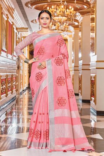 Attrective This Partywear Saree Paired With Blouse.This Saree And Blouse Are Linen Based Fabric With Wevon Designer With Mirror Embroidry Work. Buy This Pretty Saree Now.