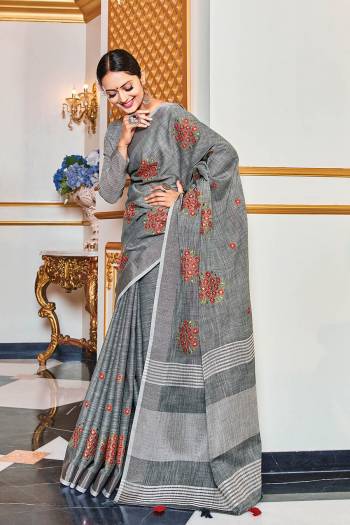 Attrective This Partywear Saree Paired With Blouse.This Saree And Blouse Are Linen Based Fabric With Wevon Designer With Mirror Embroidry Work. Buy This Pretty Saree Now.