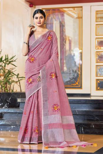 Looking Traditional This Partywear Saree Are Fine Color Paired With Blouse.This Saree And Blouse Are Linen Based Fabric With Wevon Designer With Mirror Embroidery Work. Buy This Pretty Saree Now.