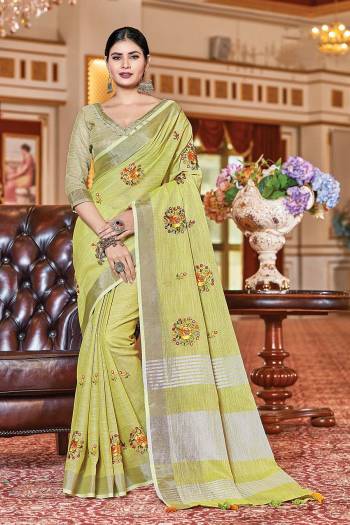 Looking Traditional This Partywear Saree Are Fine Color Paired With Blouse.This Saree And Blouse Are Linen Based Fabric With Wevon Designer With Mirror Embroidery Work. Buy This Pretty Saree Now.