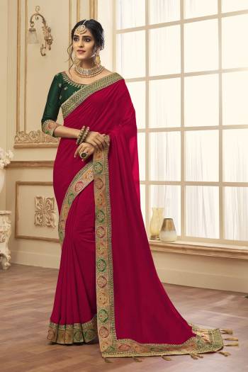 Stylist This Partywear Designer Fine Colour Saree Paired With Blouse.This Saree Are Vichitra Silk And Blouse Are Phantom Silk Fabric With Heavy Jacquad Border With Embroidery,Stone Work Blouse. Buy This Pretty Saree Now.