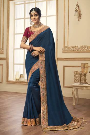 Stylist This Partywear Designer Fine Colour Saree Paired With Blouse.This Saree Are Vichitra Silk And Blouse Are Phantom Silk Fabric With Heavy Jacquad Border With Embroidery,Stone Work Blouse. Buy This Pretty Saree Now.