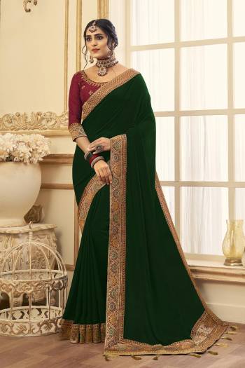 Stylist This Partywear Designer Fine Colour Saree Paired With Blouse.This Saree Are Vichitra Silk And Blouse Are Phantom Silk Fabric With Heavy Jacquad Border With Embroidery,Stone Work Blouse. Buy This Pretty Saree Now.