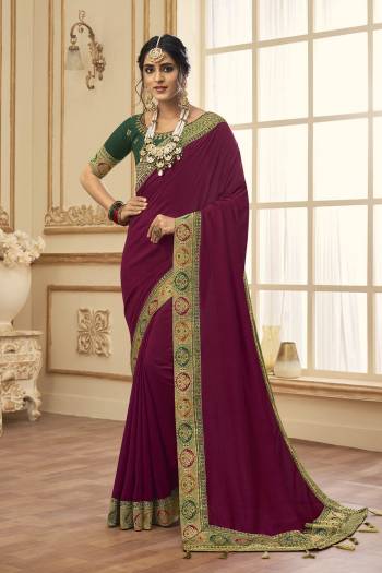 Stylist This Partywear Designer Fine Colour Saree Paired With Blouse.This Saree Are Vichitra Silk And Blouse Are Phantom Silk Fabric With Heavy Jacquad Border With Embroidery,Stone Work Blouse. Buy This Pretty Saree Now.