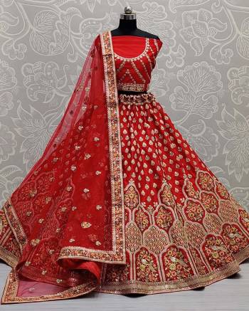 Attrective This Wedding Partywear Heavy Designer Lehenga Choli And Dupatta In Fine Color Fabricated On Art Silk Beautified With Heavy Attractive Designer Embroidery And Diamond Work. 