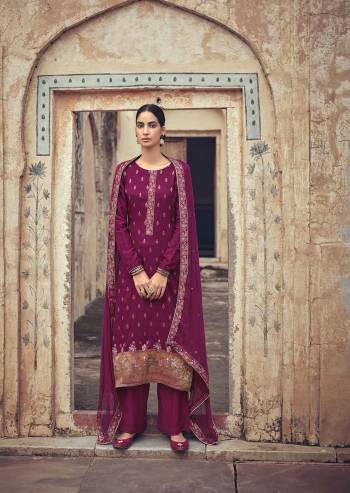 Looking This Designer Collection In Long Length Fine Color Suits.Its Pretty Wevon Minakari Designer Work Top Is Silk Jacquard Based Paired With Santoon Bottom And Chiffon Embroidery Work Fabricated Dupatta Which Gives An Attractive To The Suit.