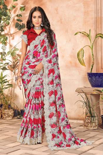 Garb This Designer Saree Are Fine Color Paired With Contrasted Blouse.This Saree And Blouse Are Georgette Based Fabric With Printed Designer. Buy This Pretty Saree Now.