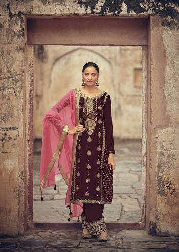 Attrective This Designer Long Length Suit In Lovely Light Color.Its Pretty Heavy Designer Wevon Work Top Is Silk Jacquard Based Paired With Santoon Bottom Work And Organza Fabricated Wevon Dupatta Which Gives An Attractive To The Suit.